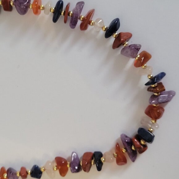 Vintage Multi-Gemstone Chip Necklace With Gold-Tone Spacer Beads & Lobster Clasp - Picture 2 of 4